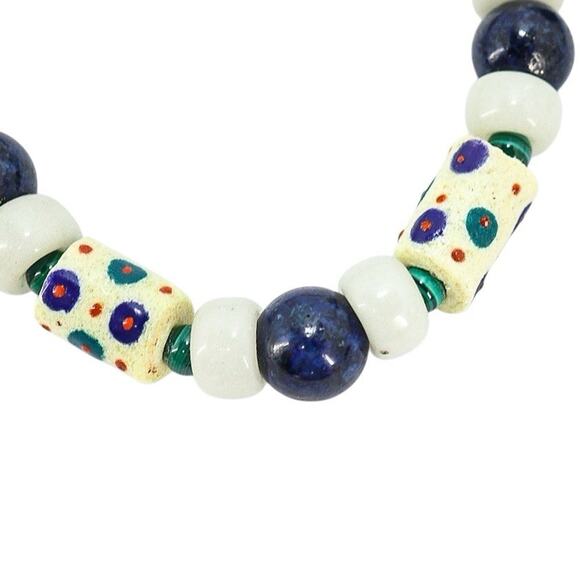 Boho Luxe Bead Necklace Krobo UNDYED Lapis Lazuli Jade Porcelain 21" 925 Clasp - Picture 3 of 8